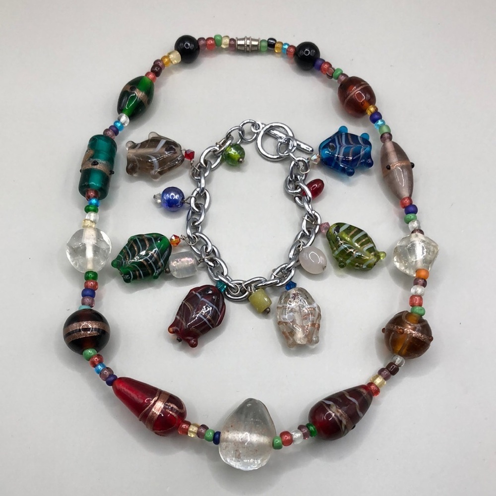 Murano art glass style curated jewelry set necklace and bracelet boho statement